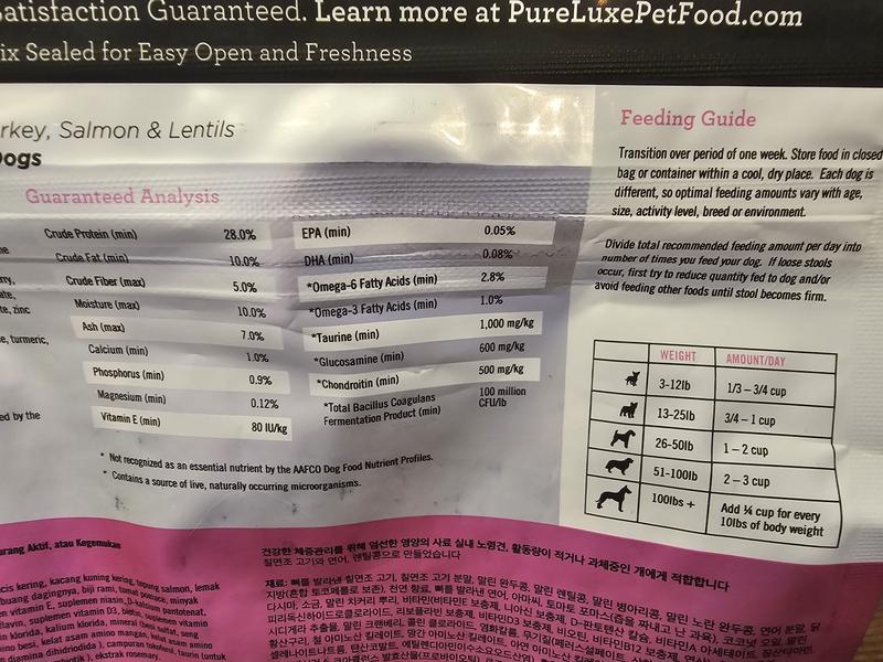 Guaranteed analysis of protein, fat, etc and feeding info