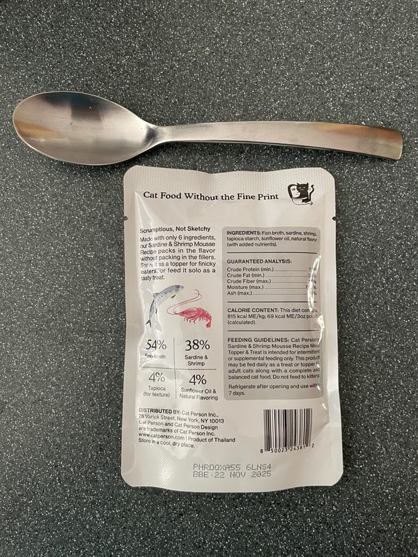 Ingredients and pouch size reference