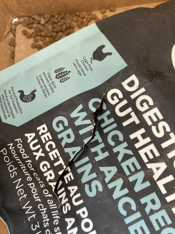 Torn package with spilled food.