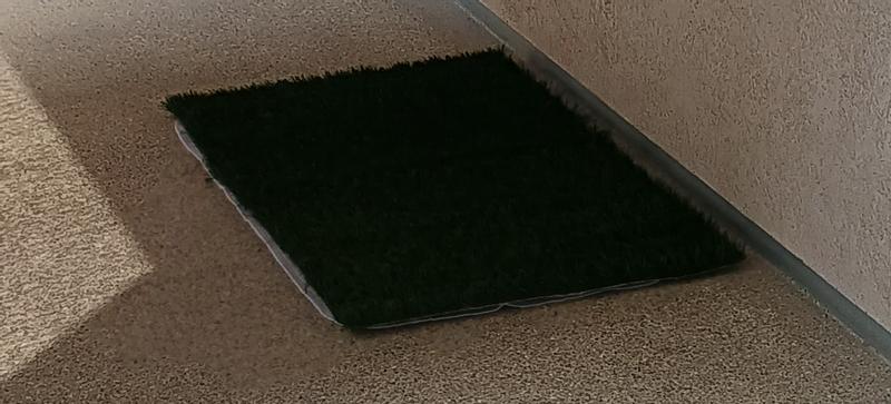 The 24x36 Caldwell's Potty Pad is underneath two segments of artificial dog grass that slightly reach over on the short sides of the pad