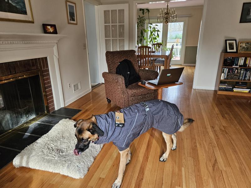 Trying on the new coat