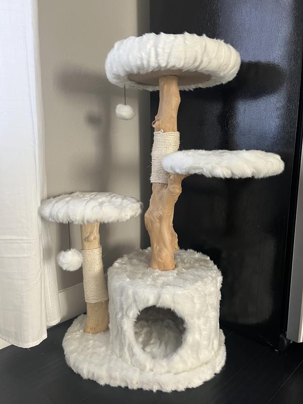 FRISCO Natural Wood Modern Cat Tree with Toy, Ivory, Large