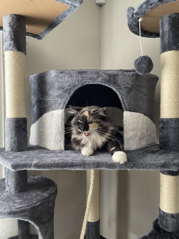 YAHEETECH 79in Plush Cat Tree & Condo, Dark Gray/White