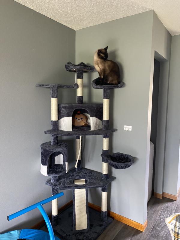 YAHEETECH 79in Plush Cat Tree & Condo, Dark Gray/White