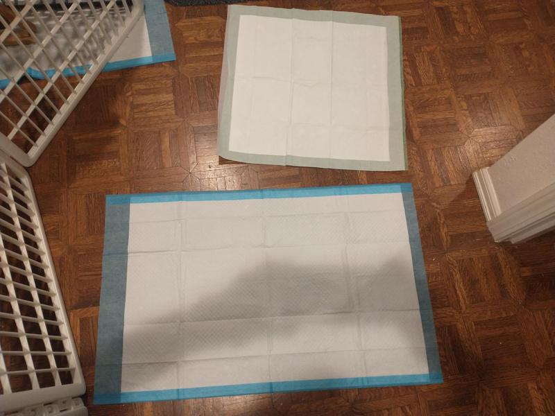 Important to note size:  Wee wee pad square is on top. What we normally buy is on bottom. This is NOT large. I would call it medium or small.