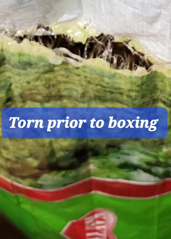Bag was torn, prior to boxing. Next photo has a tape measure showing the 4" bag tear. I don't know what this feed has been exposed to.