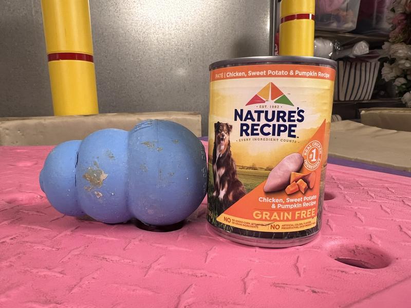 This large Kong can hold almost half of the can of food.  Freeze it for a treat.