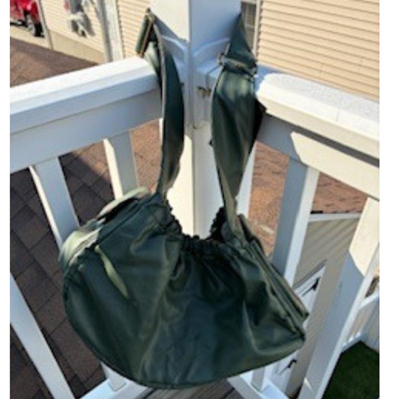 Hanging from a post to show the size.