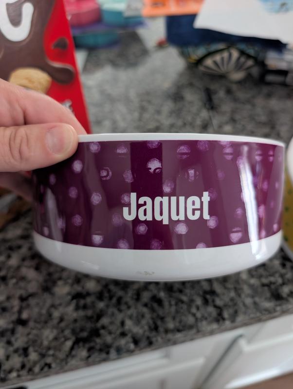 Dots overlay everything, words aren't in a color block and can't see "paws off"