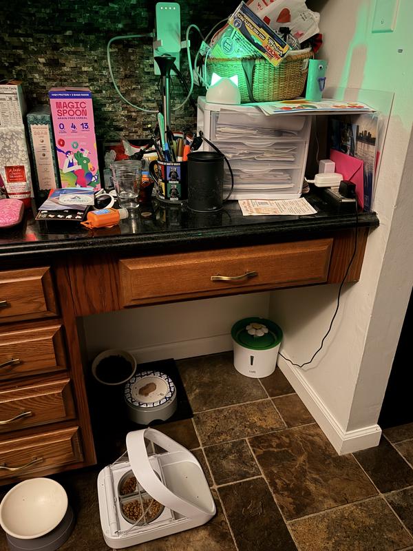 SureFeed Flap at bottom, Hub glowing green, plugged into extender so it can be placed anywhere in the house.