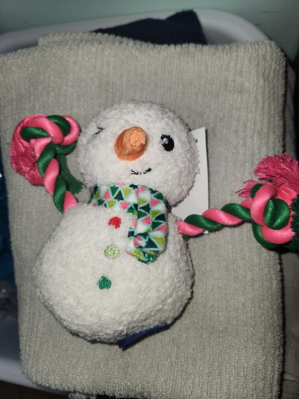 Snow man toy with rope arms. Same material as elf. Bright white,soft material body with bright pink and green rope arms. Puppy loves it
