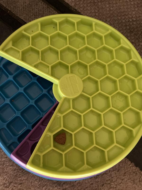 One piece of kibble fits fine, but he eats an amount that requires multiple to fit into the same compartment, which complicates the lower levels