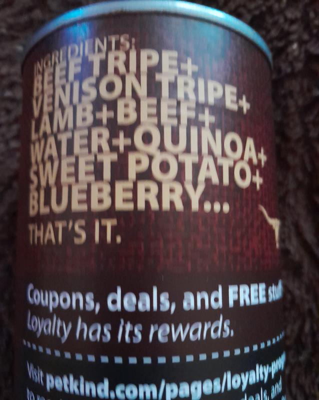 Photo of can showing actual ingredients, including beef and lamb not listed in ingredients for this product on the Chewy site. Would not have ordered if this information had been available.