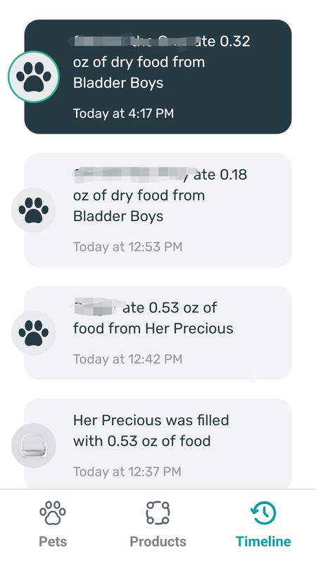 Timeline on app showing feeding, and filling