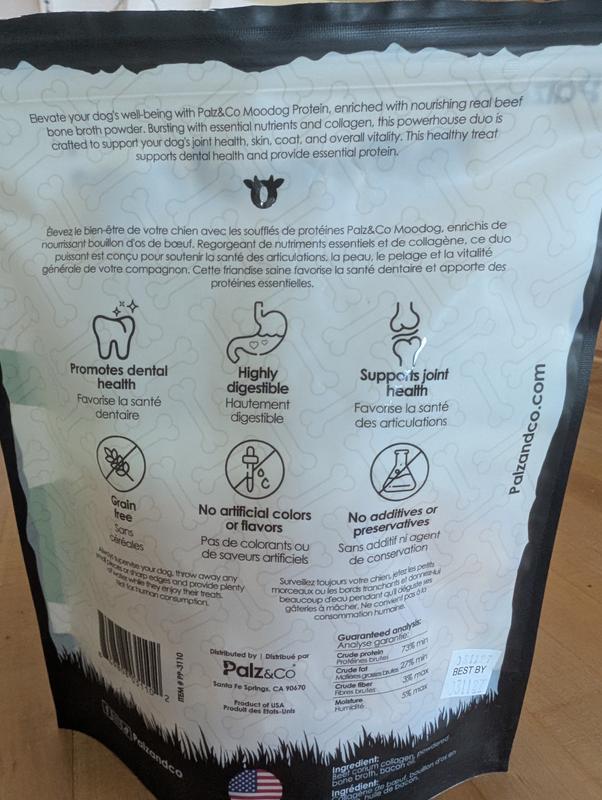 MooDog beef protein puffs label