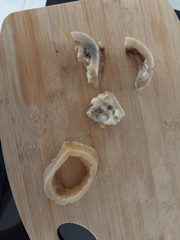 One bone that has been chewed on for days vs one that broke apart immediately.