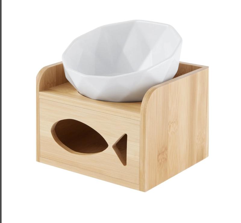 FRISCO Elevated Non-Skid Ceramic Bowl & Bamboo Storage, White