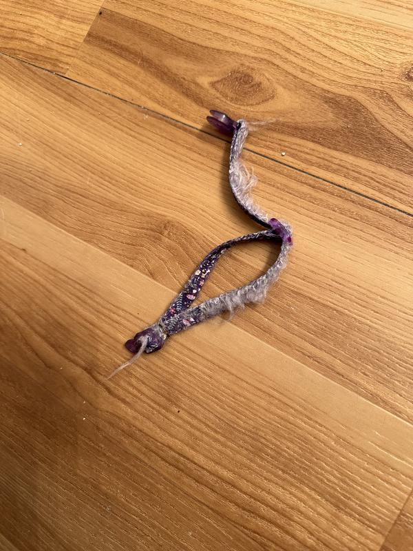 Photo of purple cat collar on the floor. The collar has bits of fabric sticking out in all directions.