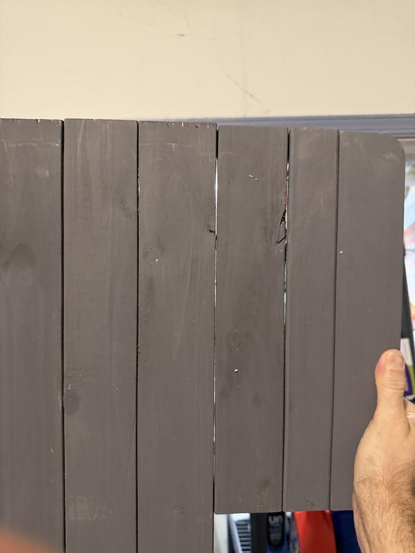 Gaps and splintered ends in panel.