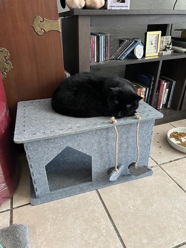 The cat sleeping on the roof of the house.