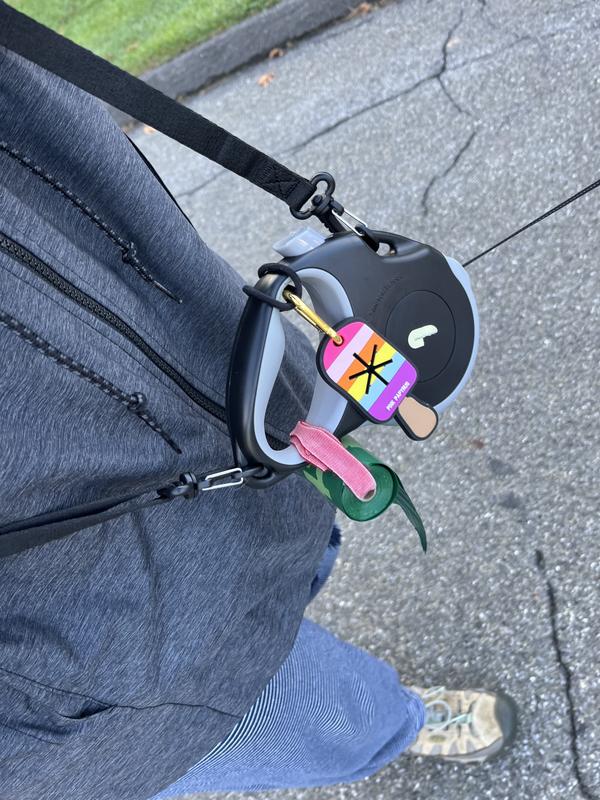 I used an elastic hair tie to connect the carabiner that came with the poop bag holder, to the handle of the leash