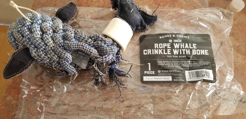 Bones & Chews Rope Whale Crinkle with Bone Dog Toy, 12