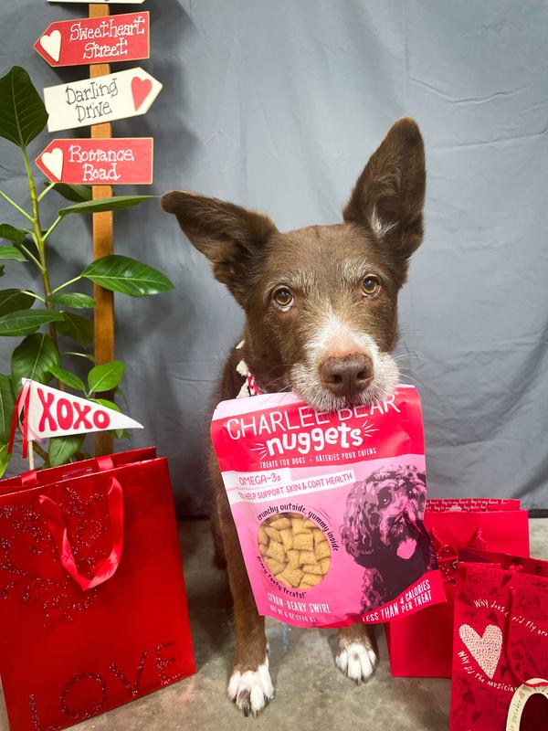 Rosie posing with a bag of the new Straw-Beary Swirl Charlee Bear treats, which she and her brother absolutely love!