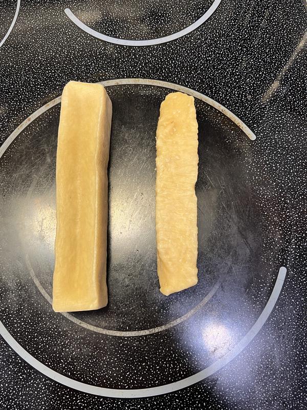 Chew on the left is after 3 hours of chewing  compared to new.