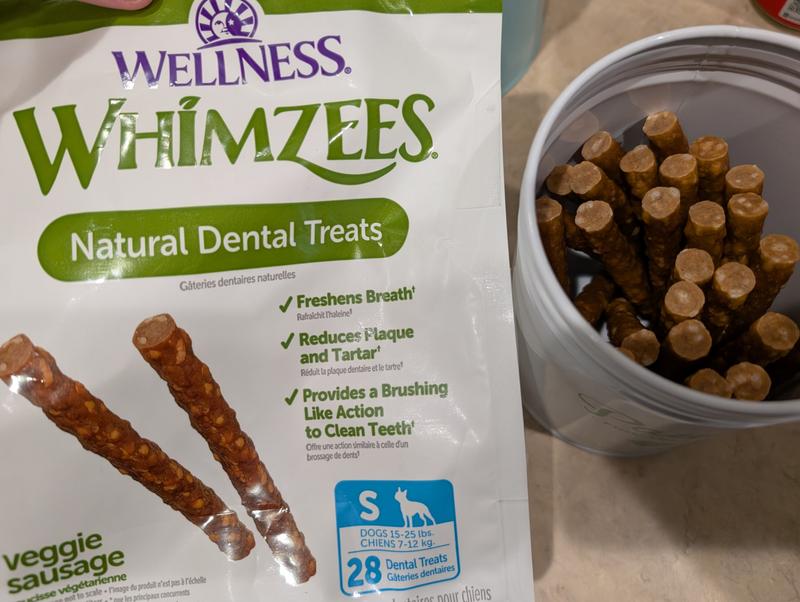 Small Whimzees Veggie Sausage sticks fit great!