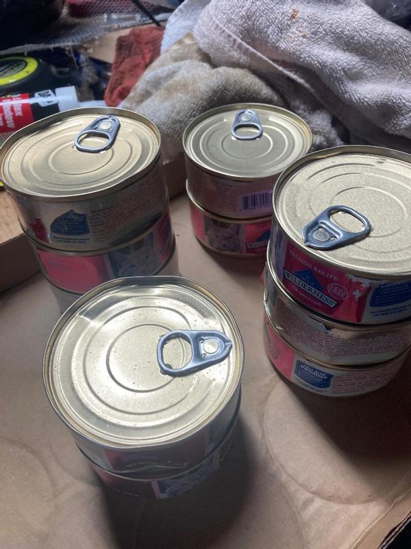 Dented cans.....Some labels were damaged after I washed them. Note: we ordered 1 case of 24 cans. not 12 large cans.