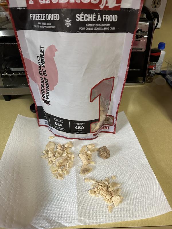 Pieces are inconsistent in texture. Big pieces still wet in the middle, some so hard you can’t break it or the dogs can’t chew it, and most of the bag is powder