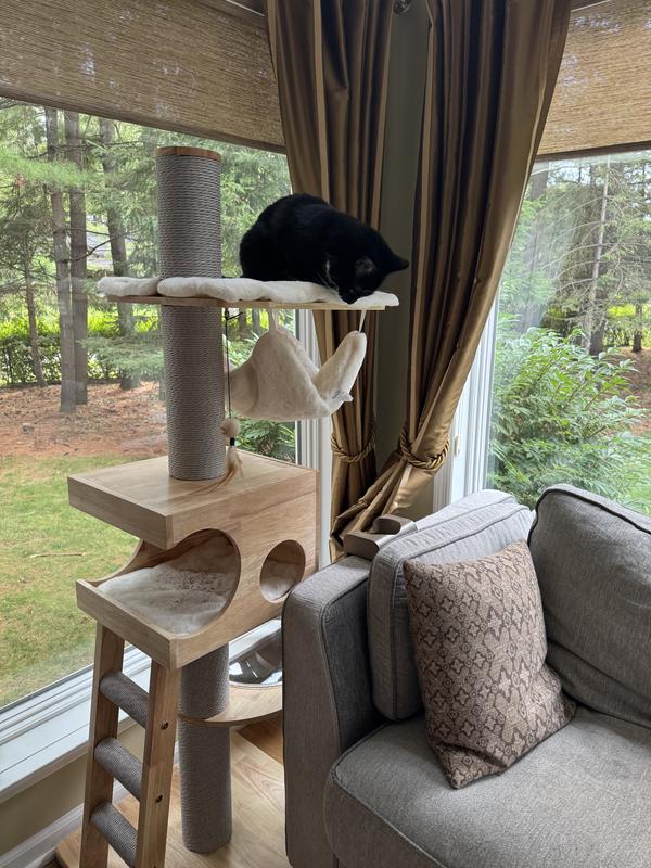 KZLAA 62-in Solid Wood Cat Tree with Toys, Sandal Wood