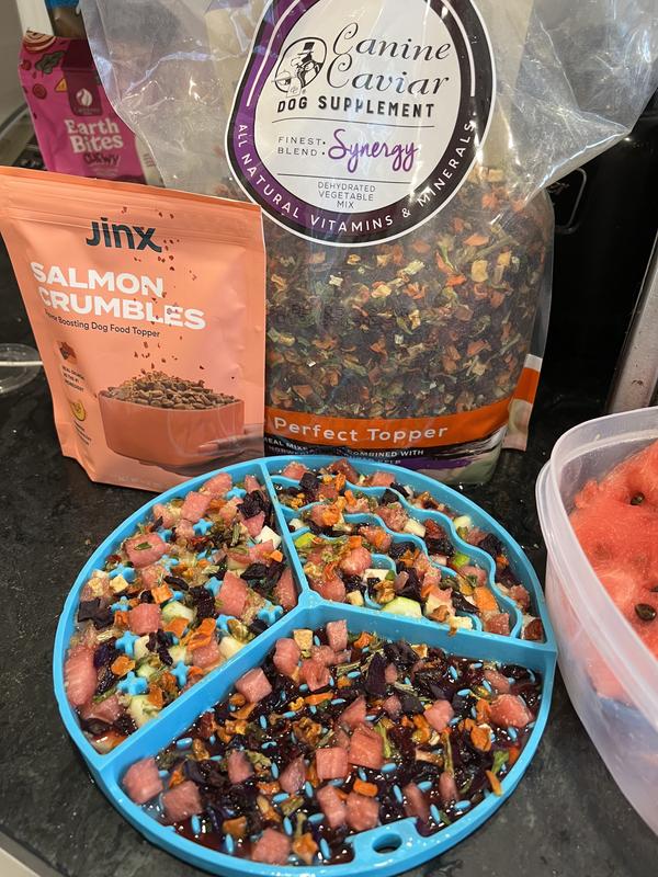 Fresh zucchini, watermelon, Canine Caviar “The Perfect Topper” (dried veggies/kelp), Jinx Salmon Crumbles, water.