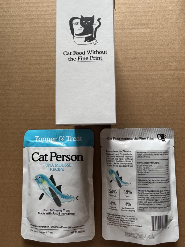 Great product to use as a treat or topper!  Please make sure this is only given to adult cat(s) and not kittens on a supplemental feeding only along with their regular wet or dry cat food.  Contains ONLY 5 healthy ingredients your cat(s) will LOVE!