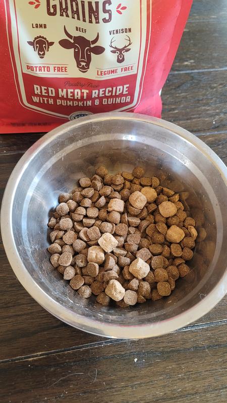 The kibble are a pretty standard size, though with some freeze-dried-looking bits scattered in like cereal marshmallows.