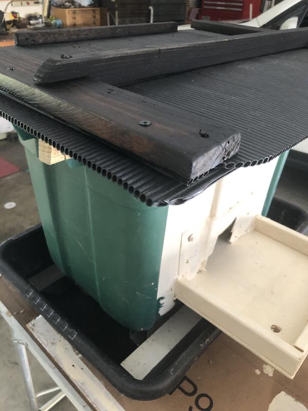 Exterior food drop slot - removed supplied dish for improvised tray.
