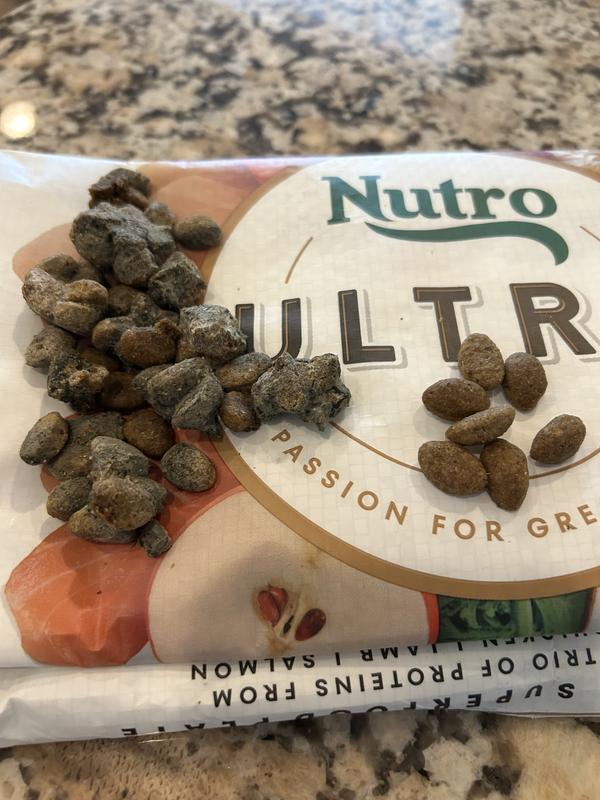 Food on left is disgusting moldy rock-like material in the bottom 1/3 of this 30lb bag of food.