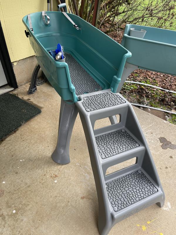 Booster bath with stairs.  Old Booster bath with added frame to stop legs from spreading.