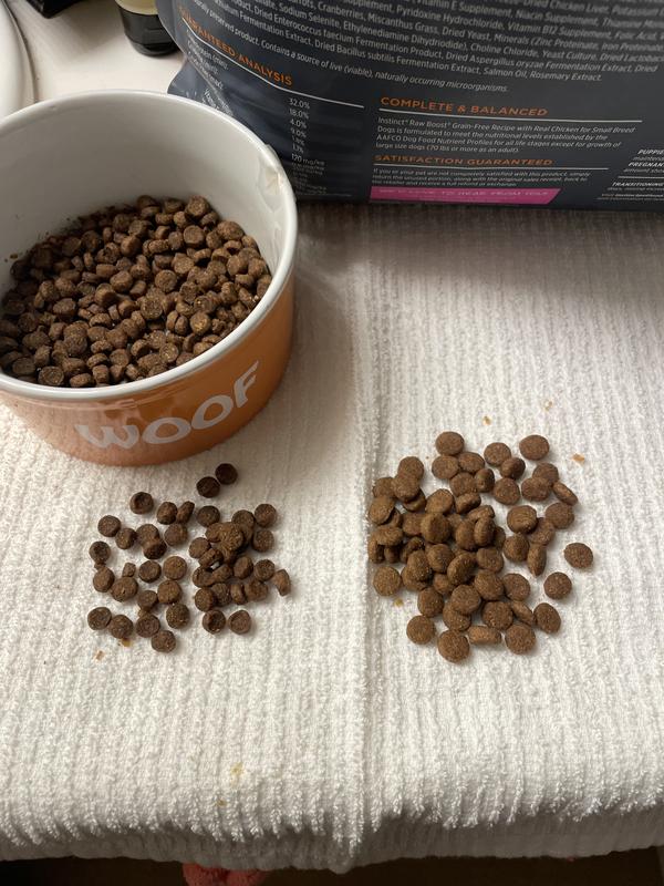 Regular kibble (left) always the same. New bag kibble on the right.
