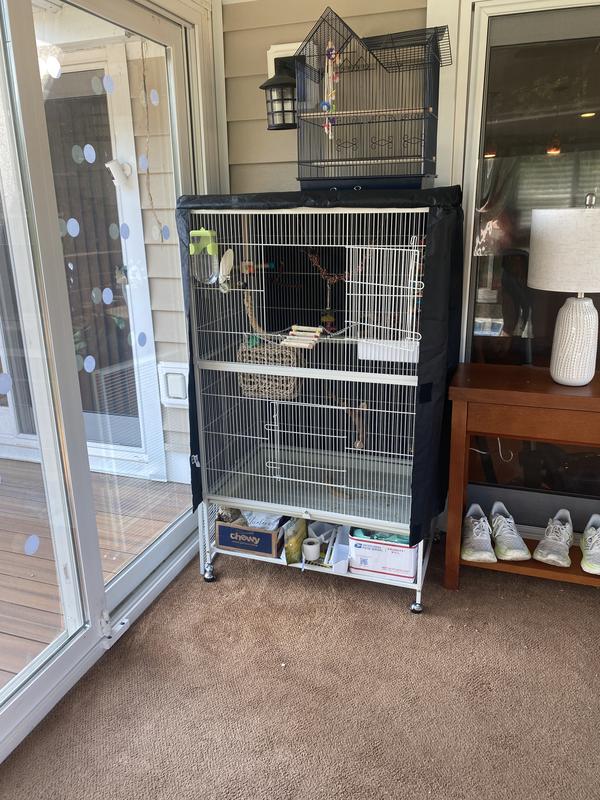 BIG CAGE! -As compared to her original TINY dwelling, sitting on top.