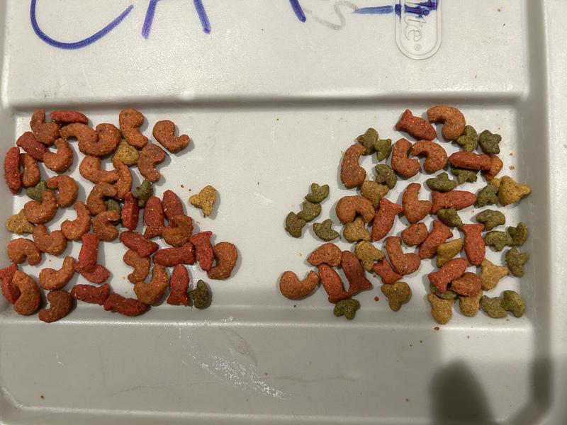 Left side is defective food and the right is the correct quality, color, and size.