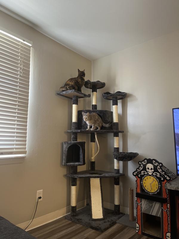 YAHEETECH 79in Plush Cat Tree & Condo, Dark Gray/White