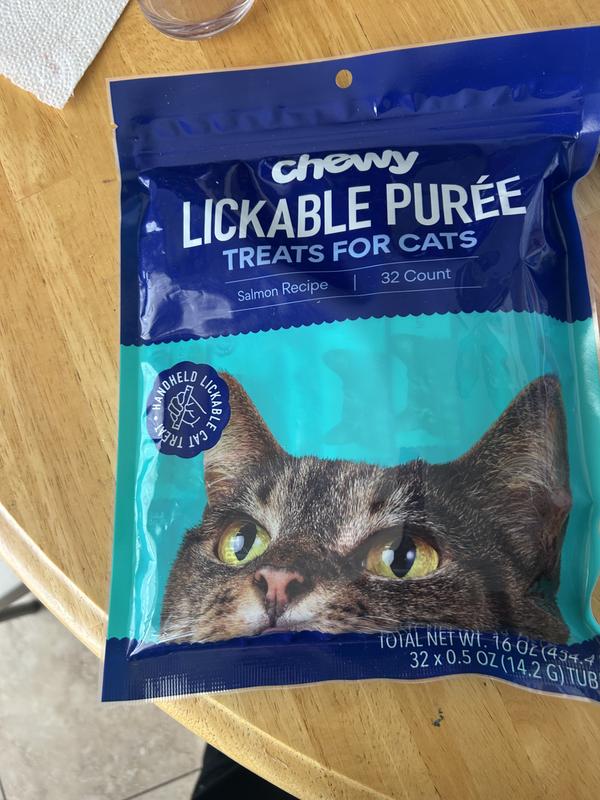 Salmon flavored lickable treats from Chewy brand