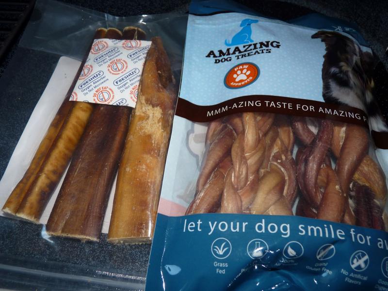 Old packaging bag with Bones & Chews "jumbo" bully sticks for comparison