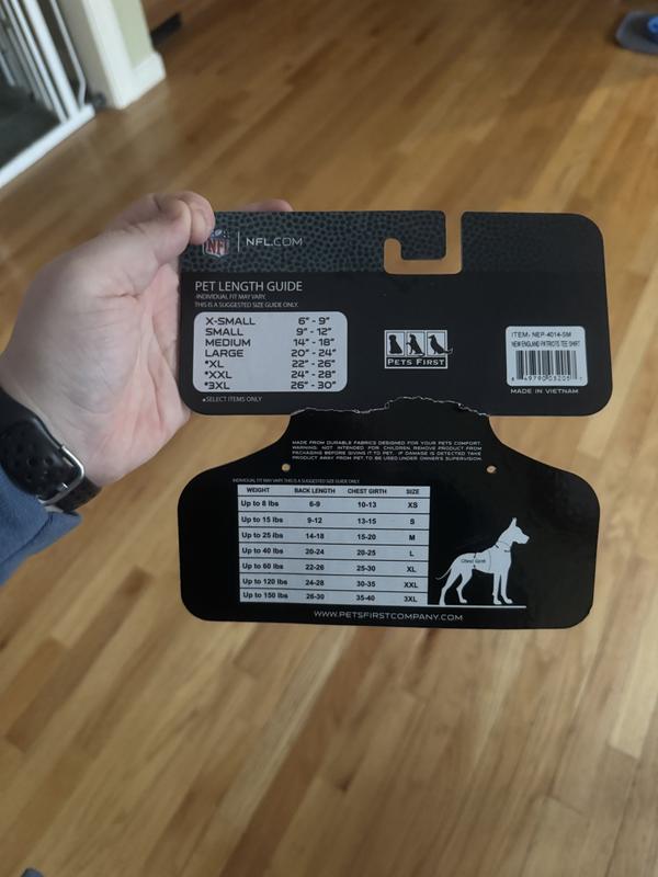 Size chart on the actual product