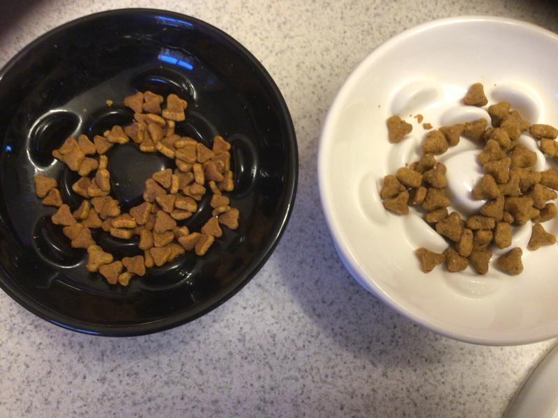 Black bowl has new formula while the white bowl has old.