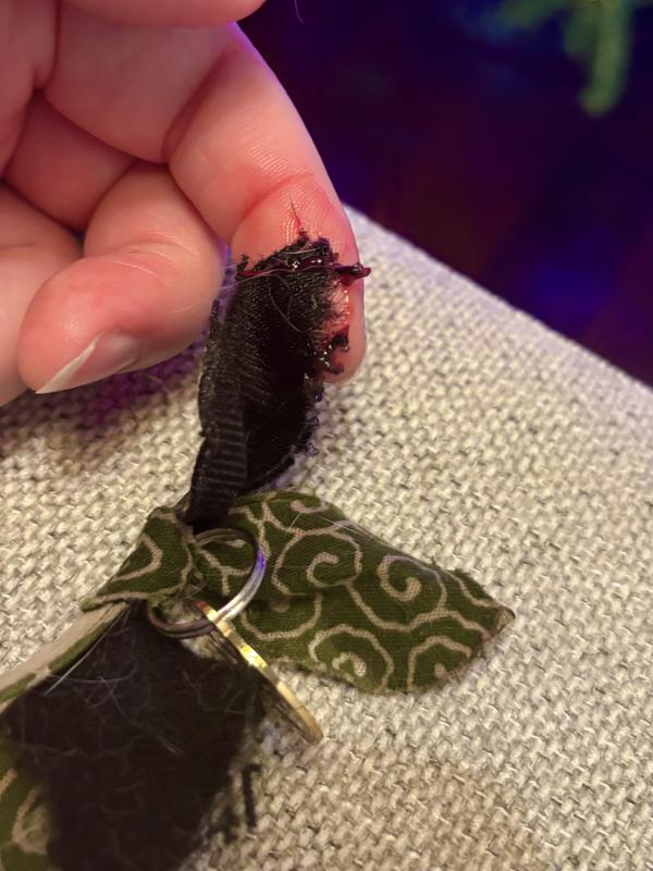 Blood-soaked fabric from frayed collar