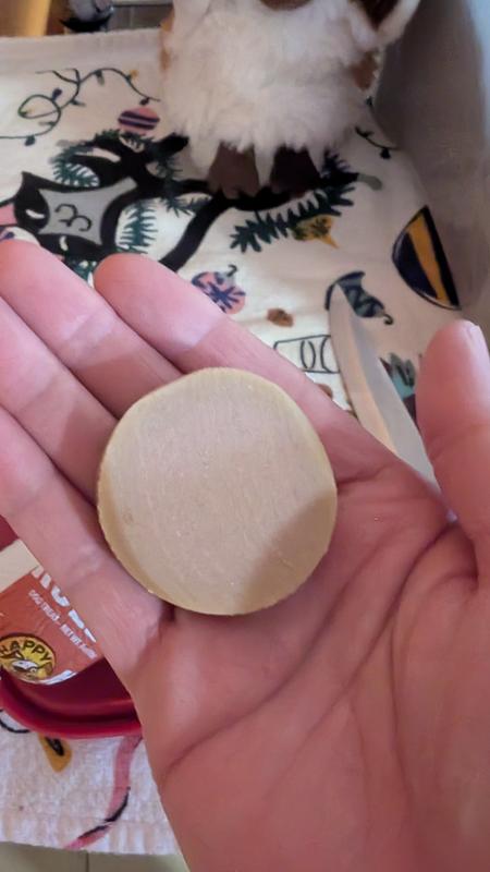 Cut into slices and then cut smaller for my medium older dog who has had dentals and is missing teeth.