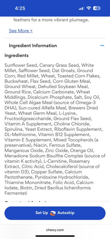 Ingredients label on Chewy site