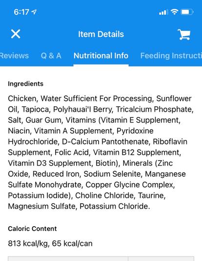 Ingredient list from Chewy app